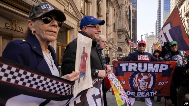 Supporters of former President Donald Trump protest outside of Trump Tower in New York City, April. 3, 2023.