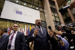 European Council President Charles Michel addresses the media during EU summit in Brussels, Dec. 15, 2023.