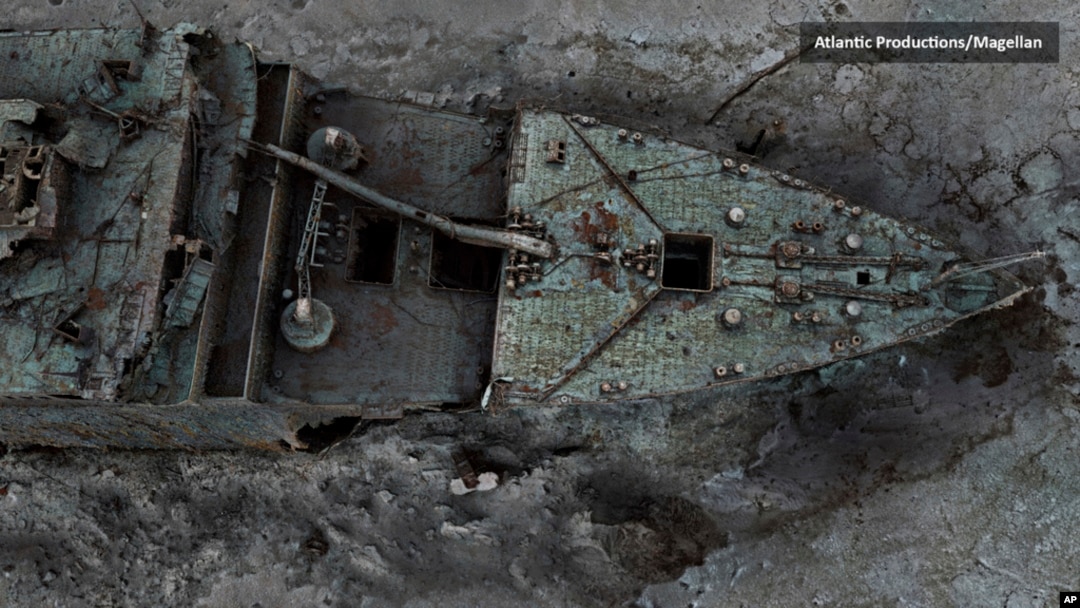 This grab taken from a digital scan released by Atlantic/Magellan May 18, 2023, shows a view of the bow of the Titanic, in the Atlantic Ocean, created using deep-sea mapping.