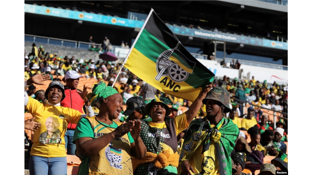African National Congress (ANC) supporters sing songs during the political party's final rally ahead of the upcoming election at FNB stadium in Johannesburg, South Africa. May 25, 2024.