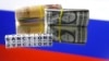 Uang kertas Euro dan Dolar serta kata 'Sanksi' di atas bendera Rusia, sebagai ilustrasi. (Foto: REUTERS/Dado Ruvic)