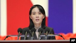 FILE - This photo provided by the North Korean government, Kim Yo Jong, sister of North Korean leader Kim Jong Un, delivers a speech during a national meeting against the coronavirus, in Pyongyang, North Korea, on Aug. 10, 2022. 