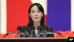 FILE - This photo provided by the North Korean government, Kim Yo Jong, sister of North Korean leader Kim Jong Un, delivers a speech in Pyongyang, North Korea, on Aug. 10, 2022. 