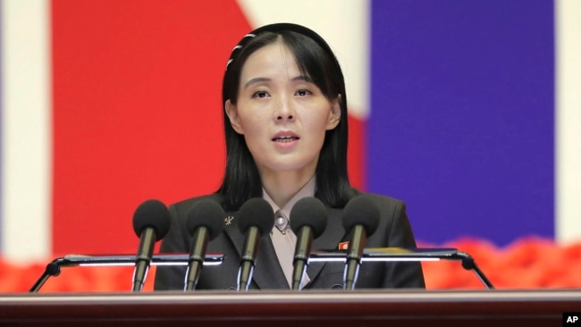 FILE - This photo provided by the North Korean government, Kim Yo Jong, sister of North Korean leader Kim Jong Un, delivers a speech in Pyongyang, North Korea, on Aug. 10, 2022.