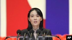 FILE - This photo provided by the North Korean government, Kim Yo Jong, sister of North Korean leader Kim Jong Un, delivers a speech during a national meeting against the coronavirus, in Pyongyang, North Korea, on Aug. 10, 2022.