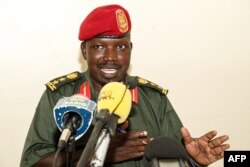 FILE - Lam Paul Gabriel of the Sudan People Liberation Army-In Opposition (SPLA-IO) speaks to media in Juba, Oct. 2, 2019.