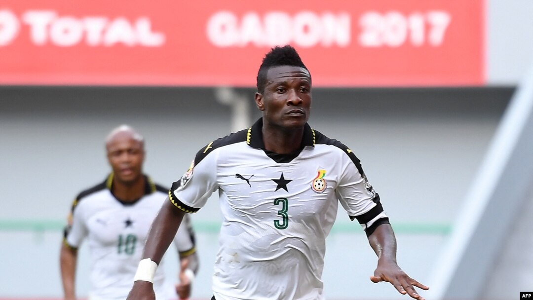 FILE: Ghana's forward Asamoah Gyan celebrates after scoring a goal during the 2017 Africa Cup of Nations group D football match between Ghana and Mali in Port-Gentil on January 21, 2017.