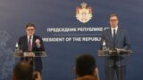 Konferencija za novinare Džejsma O'Brajana sa predsednikom Srbije Alesksandrom Vučićem, nakon razgovora koji su vodili u Predsedništvu Srbije, u Beogradu, 20. aprila 2024. (Foto: FoNet)