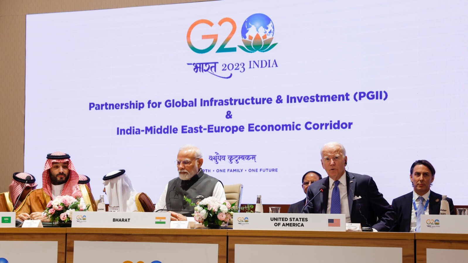 Saudi Arabian Crown Prince Mohammed bin Salman Al Saud, left, Indian Prime Minister Narendra Modi, center, and U.S. President Joe Biden attend Partnership for Global Infrastructure and Investment event on the day of the G20 summit in New Delhi, India, Sept. 9, 2023.