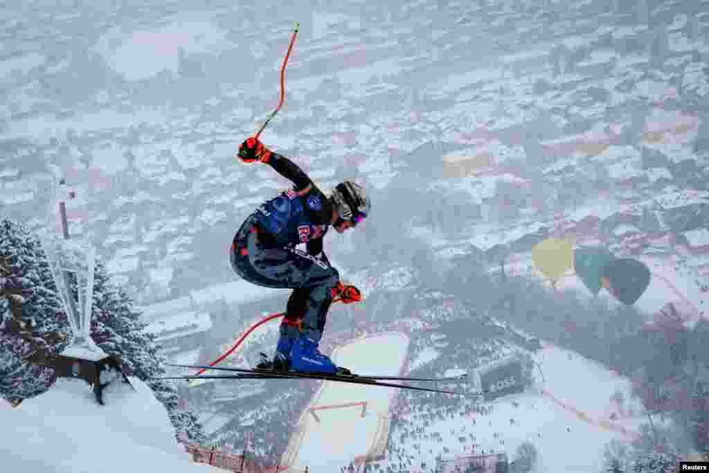 Liechtenstein's Nico Gauer compets during the Men's Downhill at the FIS Alppine Ski World Cup in Kitzbueel, Austria, Jan. 21, 2023.