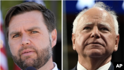 U.S. Senator JD Vance, left, speaks at a campaign event at Shelby Township, Michigan, on Aug. 7, 2024. Minnesota Governor Tim Walz speaks at a campaign rally in Las Vegas, Nevada, on Aug. 10, 2024. The vice-presidential nominees have agreed to a debate on Oct. 1, 2024.