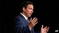 FILE - Florida Governor Ron DeSantis speaks at Palm Beach Atlantic University in West Palm Beach, Florida, Feb. 15, 2023. This week, he suggested he might block Advanced Placement courses from being offered in Florida high schools.

