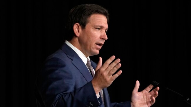 FILE - Florida Governor Ron DeSantis speaks in West Palm Beach, Florida, Feb. 15, 2023. DeSantis signed into law one of the toughest abortion bans in the United States on Thursday