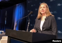 FILE - U.S. Federal Reserve Governor Michelle Bowman speaks at a conference in San Diego, California, Feb. 11 2019.