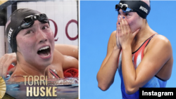 A screenshot of several posts on the Instagram account of U.S. swimmer and Olympic gold medalist Torri Huske.