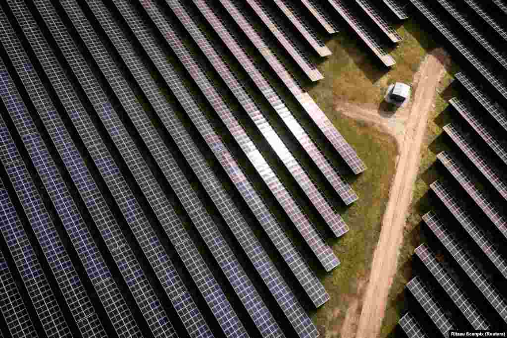 Solar installations on 340 hectares surround the village of Hjolderup, which consists of 12 households, in Hjolderup, west of Aabenraa southern Denmark, Feb. 21, 2023. The 300 MW solar park will be Northern Europe&#39;s largest and is being built by Danish European Energy.