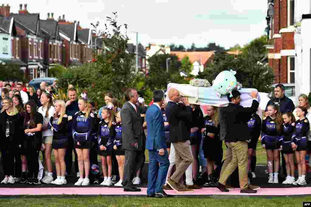 The coffin of Southport stabbing victim Elsie Dot Stancombe, 7 years old, arrives for the funeral at the St John&#39;s Church, in Birkdale, near Southport, north western England.&nbsp;Stancombe was among the three girls murdered during the July 29 knife attack at a Taylor Swift-themed dance party.