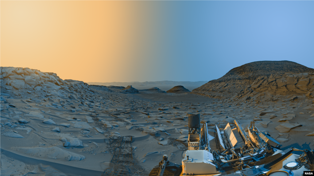 NASA’s Curiosity Mars rover used its black-and-white navigation cameras to capture panoramas at two times of day on April 8, 2023. (Image Credit: NASA/JPL-Caltech)