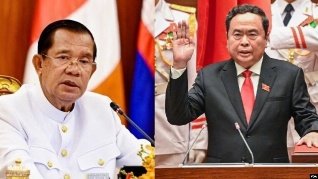 Chủ tịch Thượng viện Campuchia - cựu Thủ tướng Hun Sen (trái) chúc mứng tân Chủ tịch Quốc hội Việt Nam Trần Thanh Mẫn (phải) vào ngày 21/5/2024.