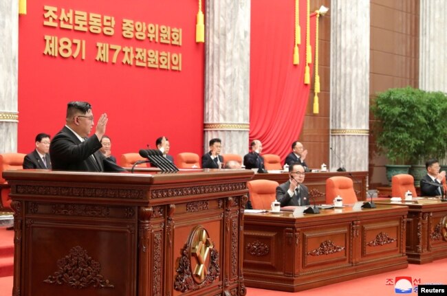 North Korean leader Kim Jong Un attends the 7th plenary meeting of the 8th Central Committee of the Workers' Party of Korea (WPK) in Pyongyang, North Korea, February 26, 2023 in this photo released by North Korea's Korean Central News Agency (KCNA).