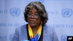 FILE - Linda Thomas-Greenfield, U.S. ambassador to the United Nations, speaks after a meeting of the U.N. Security Council at U.N. headquarters in New York, Aug. 24, 2023.