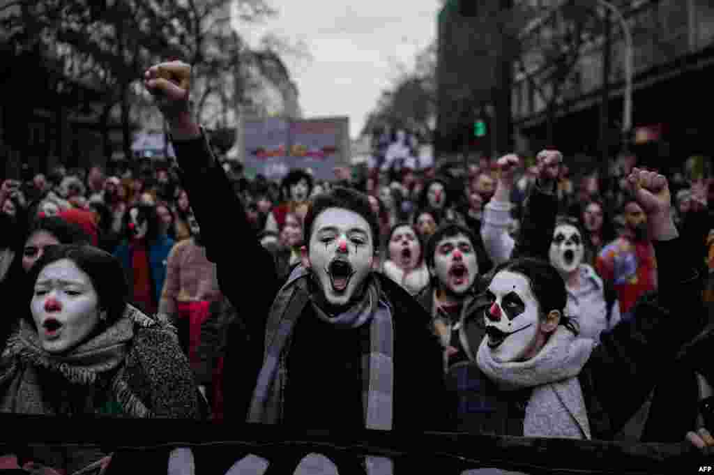 Art students demonstrate in Athens, Greece, during a protest against legislative changes that put them on a par with school leavers for state pay and qualifications.