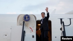FILE - U.S. Secretary of State Antony Blinken waves as he departs Tel Aviv, Israel, March 22, 2024. Antony Blinken will travel to Riyadh from Monday through Tuesday to participate in regional talks on humanitarian assistance in Gaza.