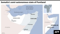 Map of northern Somalia showing the semi-autonomous state of Puntland, the breakaway region of Somaliland, and the area claimed by both territories. Residents in Puntland cast votes in local elections on Thursday, despite an opposition boycott.