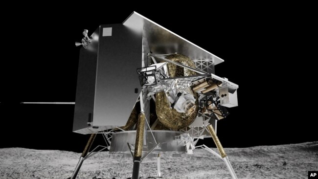 This illustration provided by Astrobotic Technology in 2024 depicts the Peregrine lunar lander on the surface of the moon. Its expected launch date is Monday, Jan. 8, 2024. (Astrobotic Technology via AP)