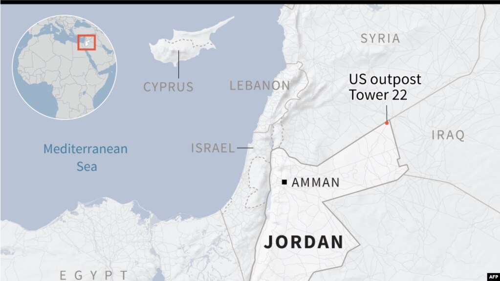 Map locating US outpost Tower 22 in Jordan where three American / U.S. troops were killed in a drone attack on Sunday.