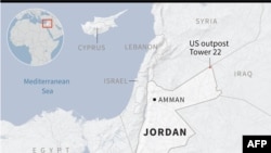 Map locating US outpost Tower 22 in Jordan where three American / U.S. troops were killed in a drone attack on Sunday.