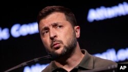 Ukrainian President Volodymyr Zelenskyy speaks at the Atlantic Council Global Citizen Awards, Sept. 20, 2023, in New York. 