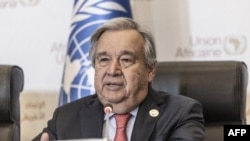 FILE - United Nation's Secretary-General Antonio Guterres speaks during a press conference after the end of the 36th Ordinary Session of the Assembly of the African Union in Addis Ababa, Ethiopia, Feb. 18, 2023.