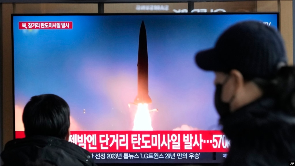 A TV screen shows a file image of North Korea's missile launch during a news program at the Seoul Railway Station in Seoul, South Korea, Dec. 18, 2023. A TV screen shows a file image of North Korea's missile launch during a news program at the Seoul Railway Station in Seoul, South Korea, Dec. 18, 2023.