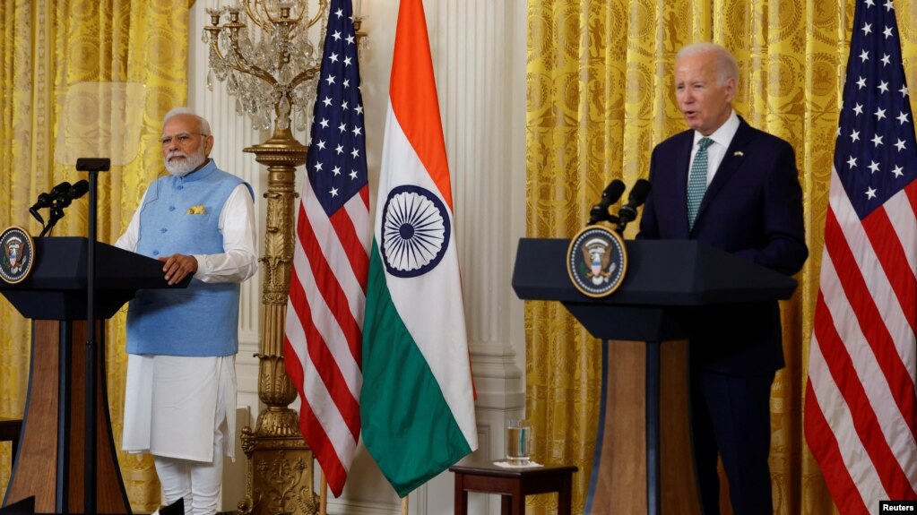 印度总理莫迪与美国总统拜登在白宫出席联合记者会。（2023年6月22日）(photo:VOA)