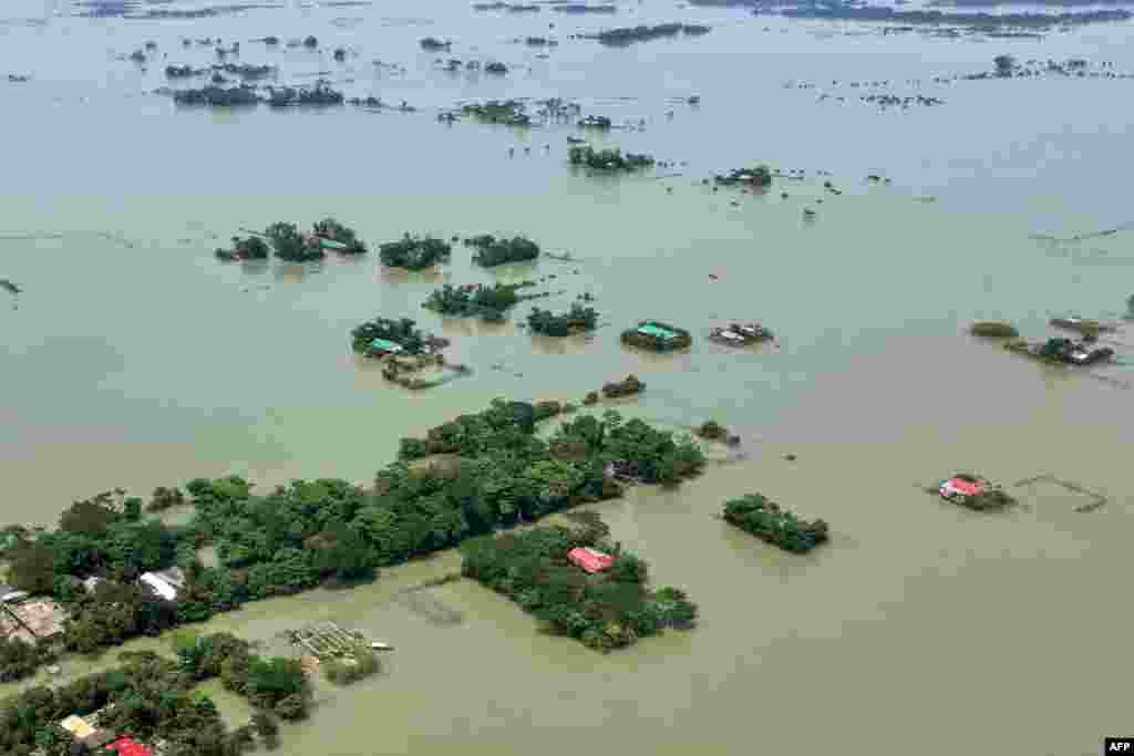 An aerial view shows deluged land after flood in Sylhet, Bangladesh.