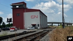 A train track borders the Canadian National Railroad's Mays Yard office, Aug. 21, 2024 in Metairie, La.