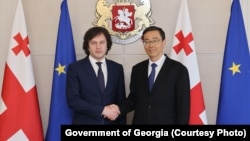 资料照片：格鲁吉亚总理伊拉克利·科巴希泽与中国驻格鲁吉亚大使周谦。（2024年2月22日）