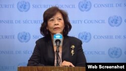 Noeleen Heyzer, Special Envoy of the Secretary-General on Myanmar, briefs reporters at UN Headquarters. (Photo: Screenshot UN TV)