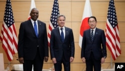 From left, U.S. Defense Secretary Lloyd Austin, U.S. Secretary of State Antony Blinken and Japanese Prime Minister Fumio Kishida meet in Tokyo on July 29, 2024. The U.S. announced this week a major upgrade of the U.S. military command in Japan.