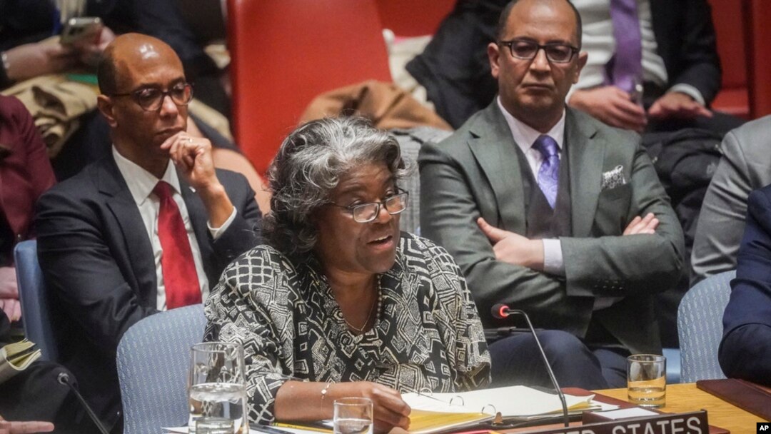 FILE- US United Nations Ambassador Linda Thomas-Greenfield addresses a meeting of the United Nations Security Council on the war in Gaza, on March 11, 2024, at UN headquarters.
