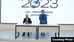 Tanzila Narbaeva, who chairs Uzbekistan's Senate, meets voters in the Ferghana region, April 3, 2023. An Uzbek constitutional referendum is set for April 30, 2023. (Senate.uz)