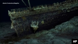 This grab from a digital scan released by Atlantic/Magellan May 18, 2023, shows a view of the bow of the Titanic, in the Atlantic Ocean, created using deep-sea mapping. Researchers have completed the first full-size digital scan of the Titanic's remains.