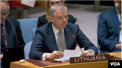 리티스 파우라우카스 주유엔 리투아니아 대사가 부대사가 11일 유엔 안전보장이사회 회의에서 발언하고 있다.