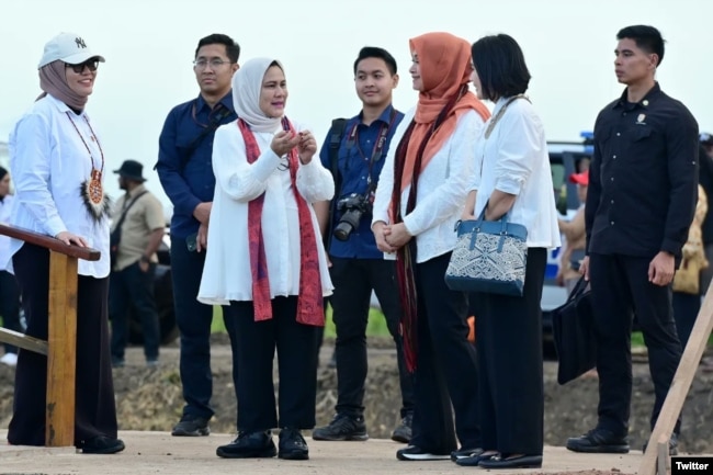 Ibu Iriana Joko Widodo, meninjau simulasi penggunaan drone dalam proses pemupukan di sawah seluas 40.000 hektare di Desa Telaga Sari, Distrik Kurik, Kabupaten Merauke, Provinsi Papua Selatan, Selasa, 23 Juli 2024. (Pers Sekretariat Presiden)