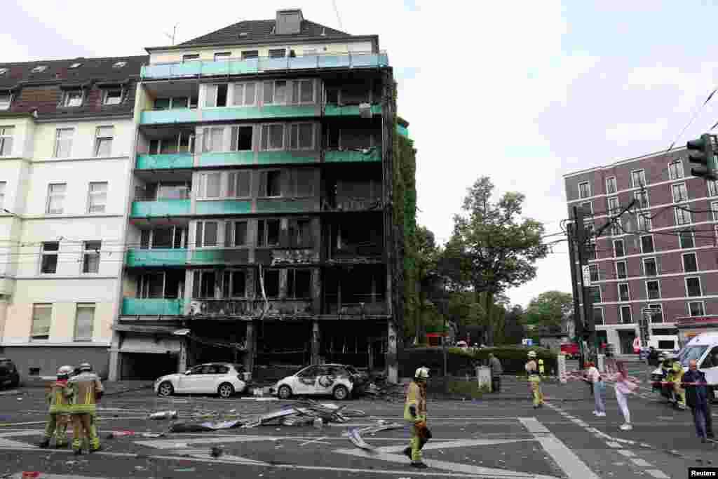 A general view shows the scene after an overnight explosion inside a kiosk killed three people and injured sixteen others in the western German city of Duesseldorf.