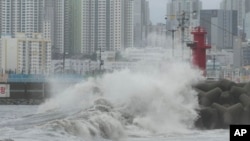 High waves crash ashore in Busan, South Korea, as Typhoon Khanun approaches Aug. 10, 2023. 