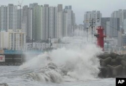 Gelombang tinggi menerjang pantai di Busan, Korea Selatan, saat Topan Khanun mendekati pada 10 Agustus 2023. (Foto: AP)