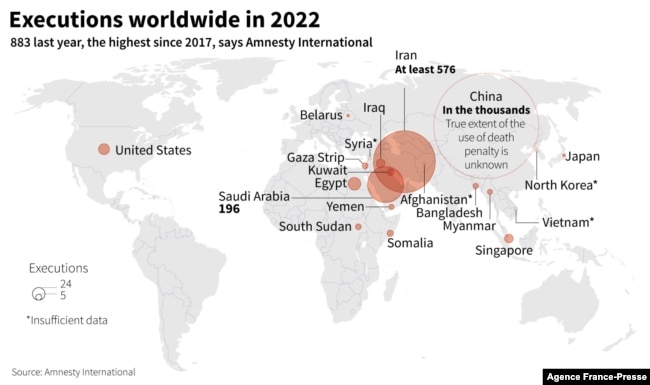 World map showing executions in 2022, according to an Amnesty International report