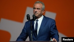 FILE - Robert F. Kennedy Jr. speaks at Bitcoin 2024 in Nashville, Tennessee, July 26, 2024. On Friday, he announced the suspension of his independent campaign for U.S. president, endorsing the Republican Party's nominee, former President Donald Trump. 